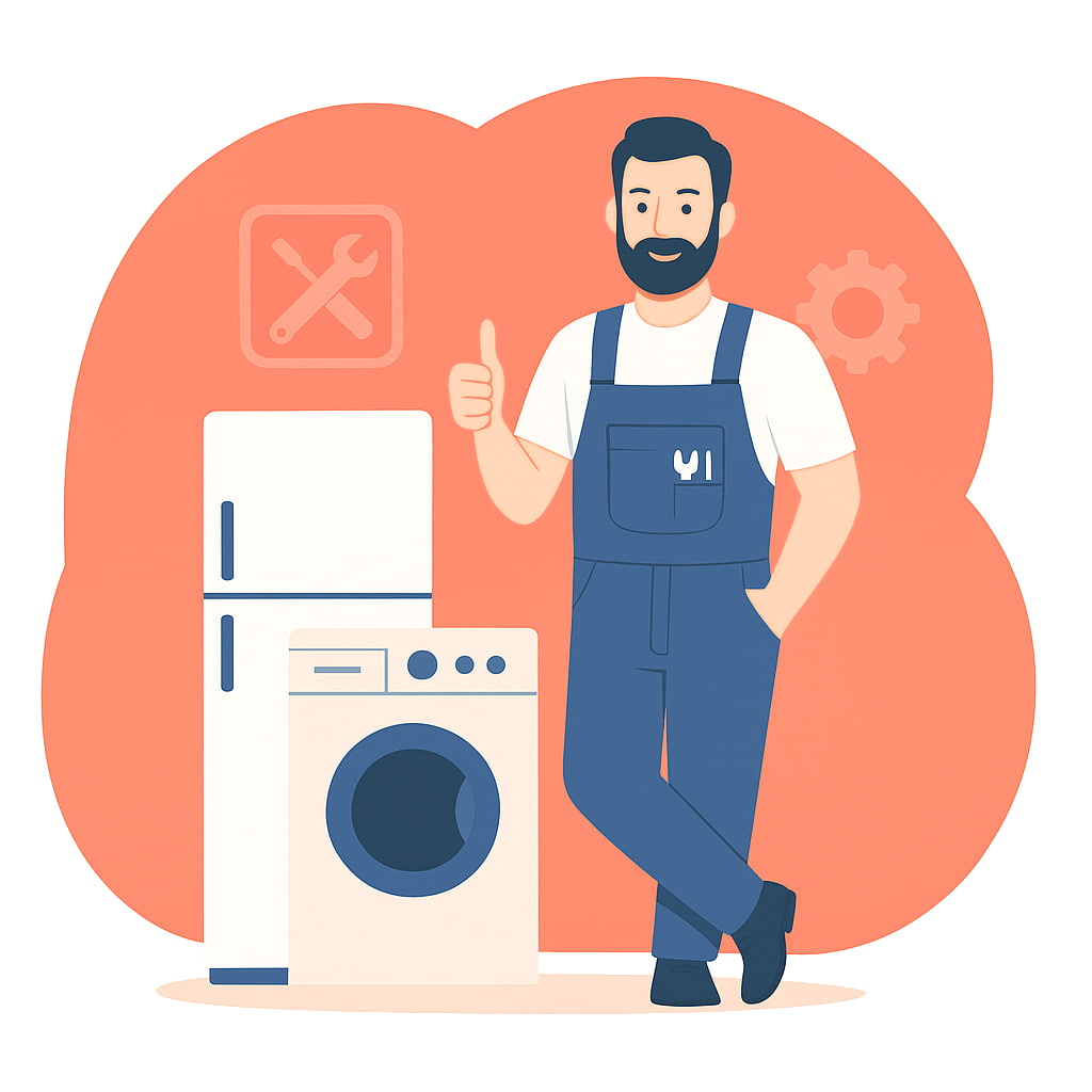 Appliance repair technician with refrigerator and washing machine