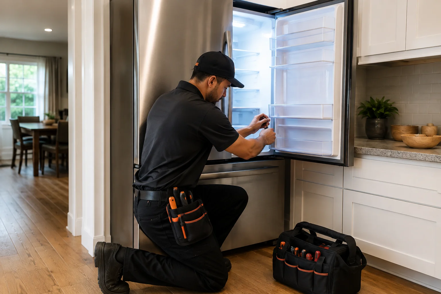 FixLine refrigerator repair technician servicing a refrigerator in Redmond, WA